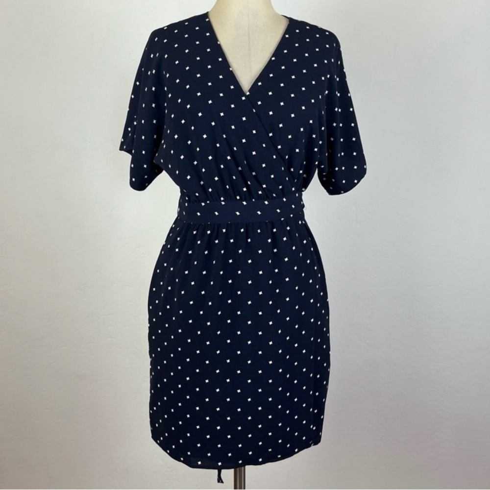 Ann Taylor Navy Wrap Dress EUC Blue White Polka Dot Stars Printed Mini